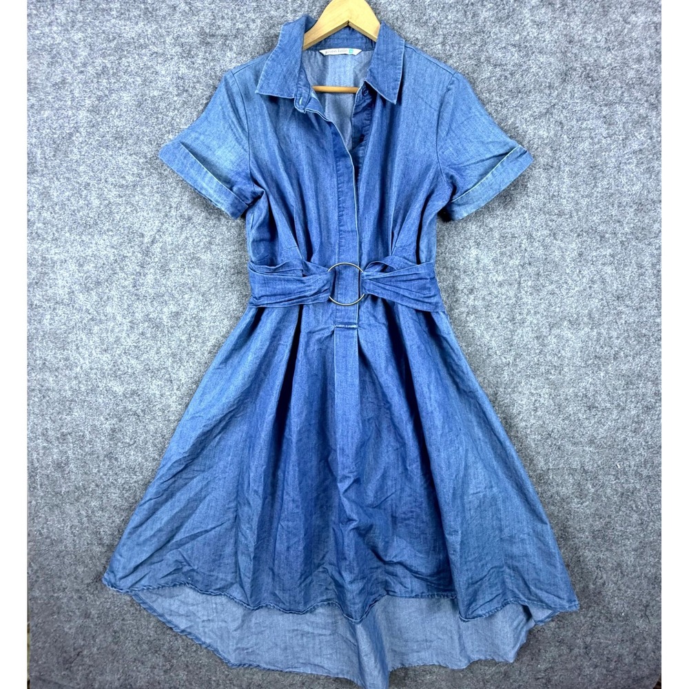 Given Kale Shirt Dress Womens Medium Blue Light Denim O-Ring Belt Collared